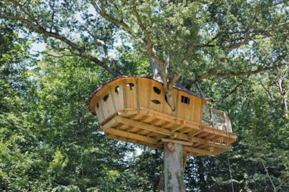 Vue du sol d'une cabane dans les arbres 37 au parc de Fierbois